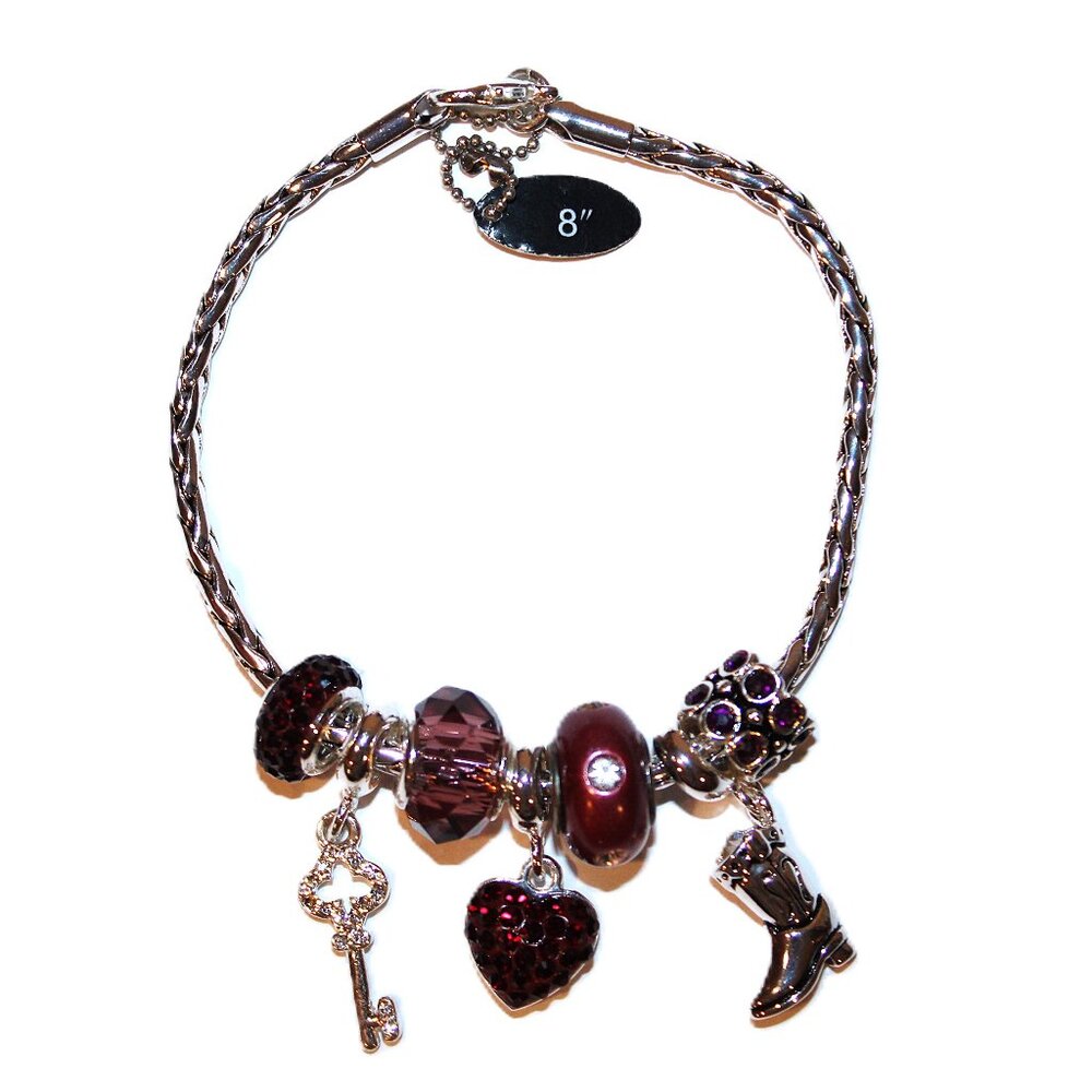 DaVinci Charm Bracelet 8" 7 Beads - Heart Cowgirl Boot Country Garnet Red CZ